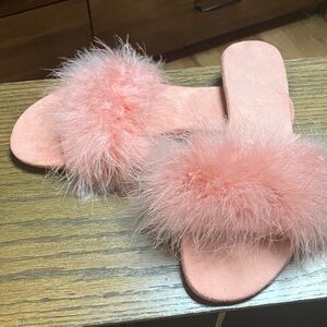Salmon Fluffy Ostrich Feather Suede Women's Slide Sandals/Slippers